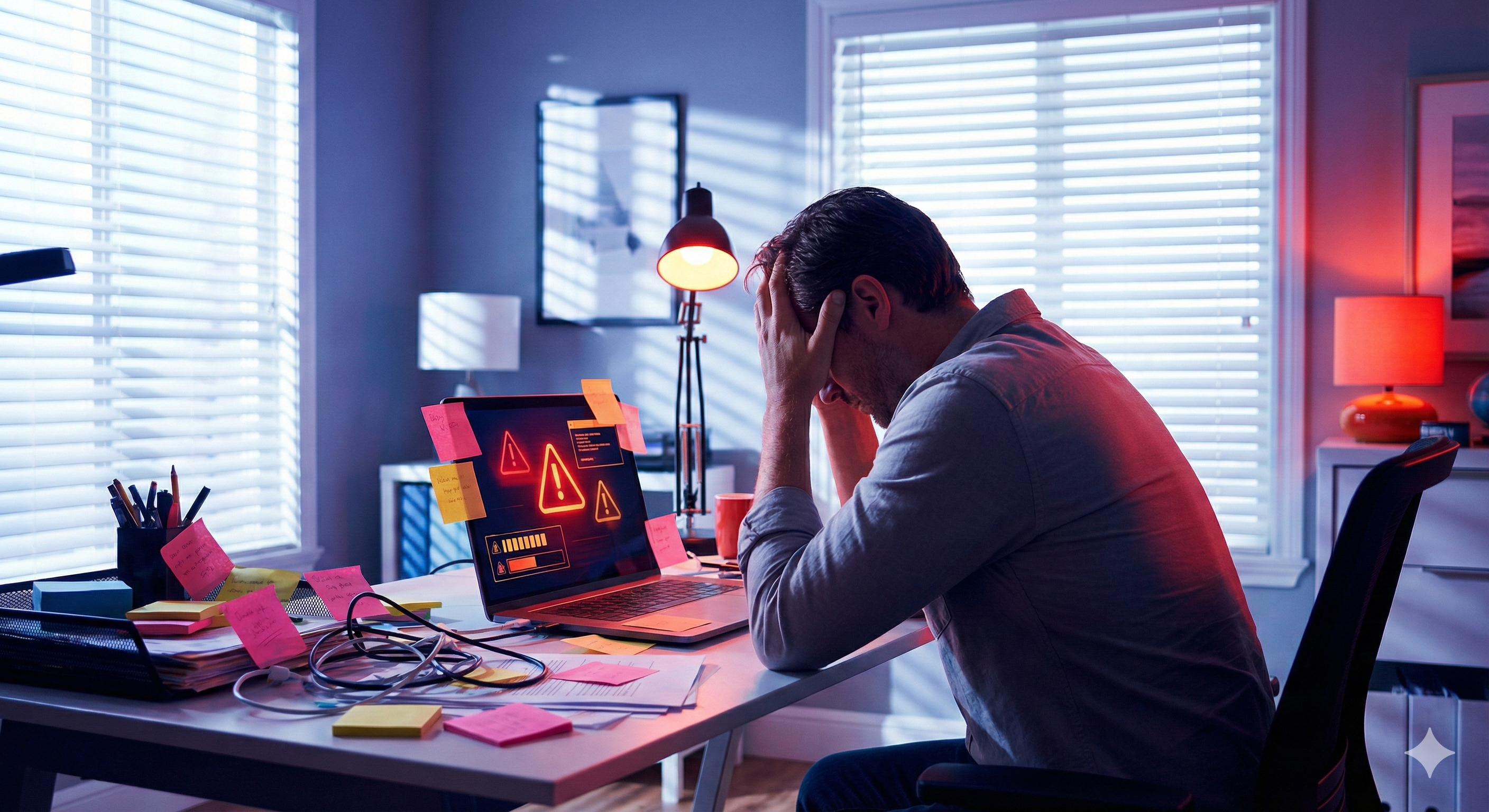 Illustrative before-state scene showing a cluttered workspace and reactive setup.